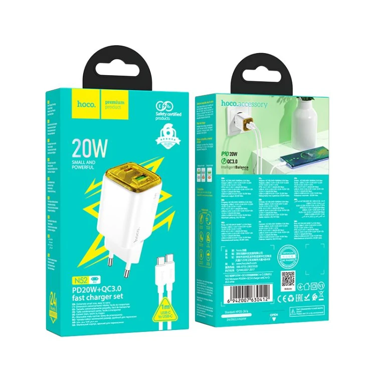 Szybka ładowarka sieciowa Hoco N52 20W (USB-C Power Delivery + USB-A Quick Charge) + kabel USB-C do USB-C 1m – biała