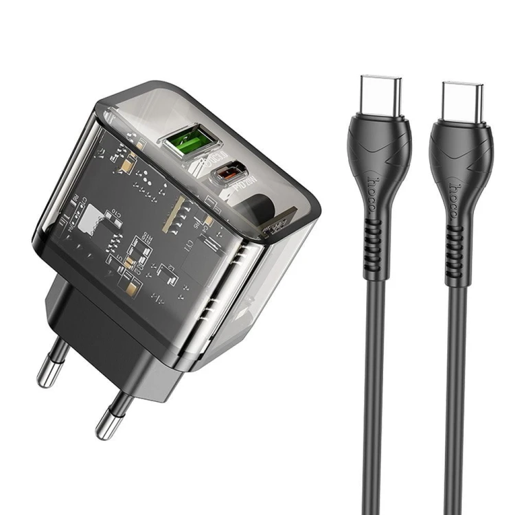 Szybka ładowarka sieciowa Hoco N34 20W (USB-C Power Delivery + USB-A Quick Charge) + kabel USB-C do USB-C 1m – transparentna