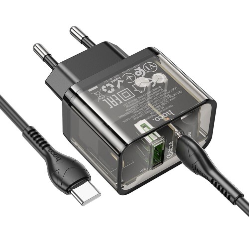 Szybka ładowarka sieciowa Hoco N34 20W (USB-C Power Delivery + USB-A Quick Charge) + kabel USB-C do USB-C 1m – transparentna