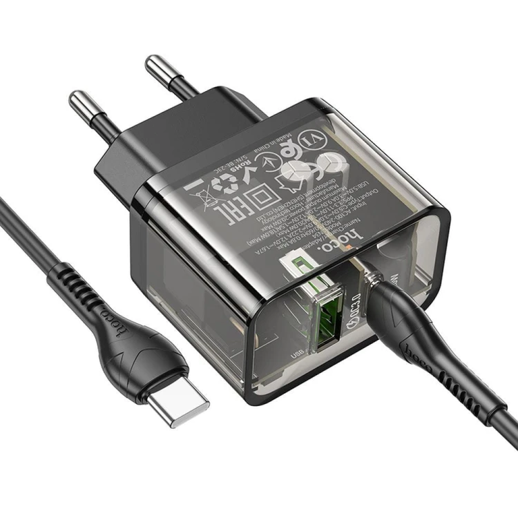 Szybka ładowarka sieciowa Hoco N34 20W (USB-C Power Delivery + USB-A Quick Charge) + kabel USB-C do USB-C 1m – transparentna