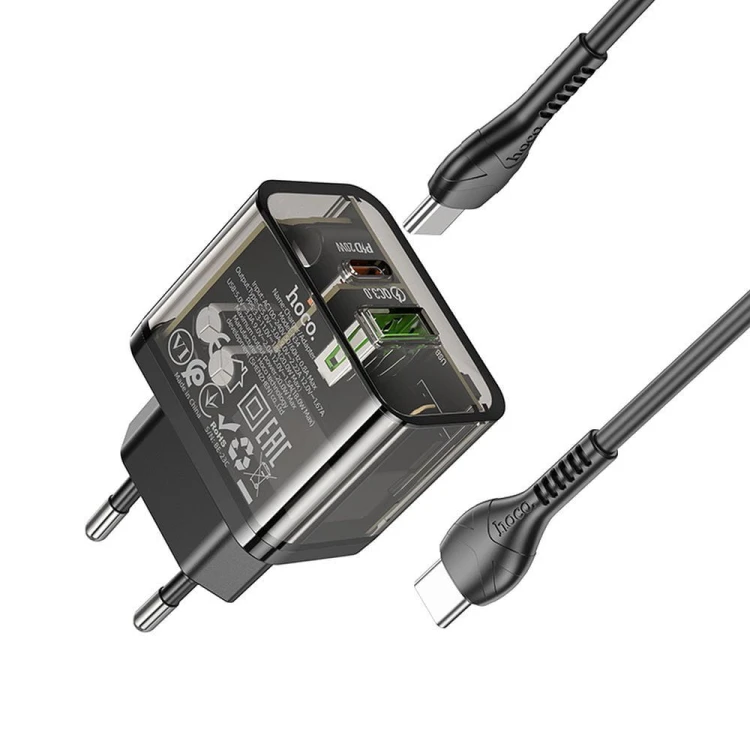 Szybka ładowarka sieciowa Hoco N34 20W (USB-C Power Delivery + USB-A Quick Charge) + kabel USB-C do USB-C 1m – transparentna