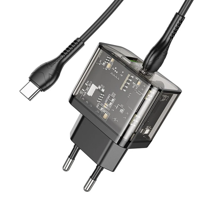 Szybka ładowarka sieciowa Hoco N34 20W (USB-C Power Delivery + USB-A Quick Charge) + kabel USB-C do USB-C 1m – transparentna