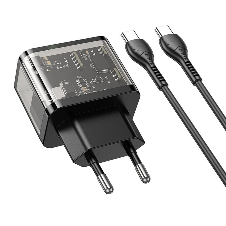 Szybka ładowarka sieciowa Hoco N34 20W (USB-C Power Delivery + USB-A Quick Charge) + kabel USB-C do USB-C 1m – transparentna