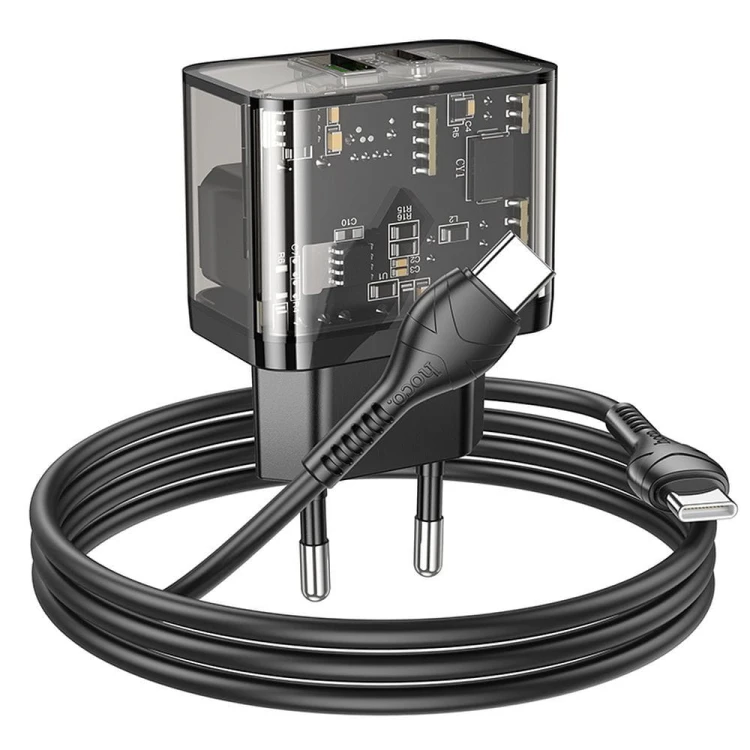 Szybka ładowarka sieciowa Hoco N34 20W (USB-C Power Delivery + USB-A Quick Charge) + kabel USB-C do USB-C 1m – transparentna
