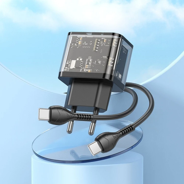 Szybka ładowarka sieciowa Hoco N34 20W (USB-C Power Delivery + USB-A Quick Charge) + kabel USB-C do USB-C 1m – transparentna