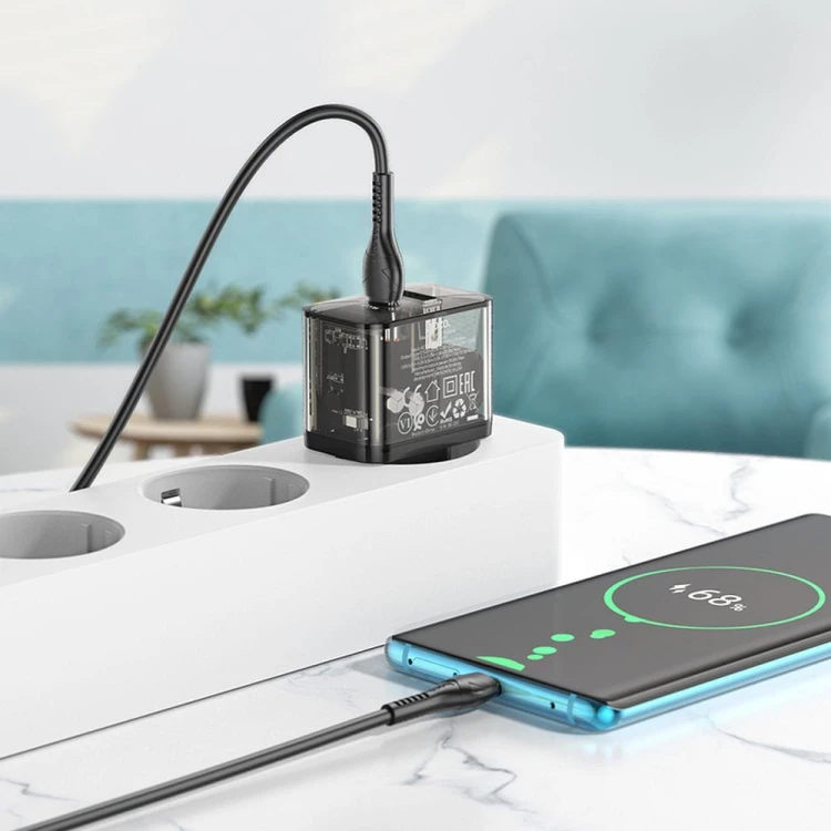 Szybka ładowarka sieciowa Hoco N34 20W (USB-C Power Delivery + USB-A Quick Charge) + kabel USB-C do USB-C 1m – transparentna