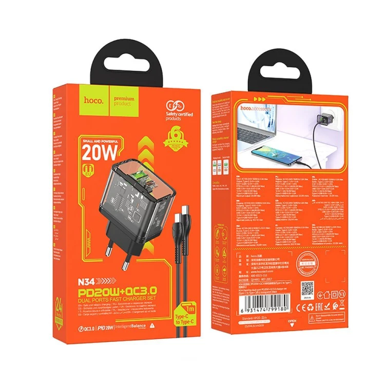 Szybka ładowarka sieciowa Hoco N34 20W (USB-C Power Delivery + USB-A Quick Charge) + kabel USB-C do USB-C 1m – transparentna