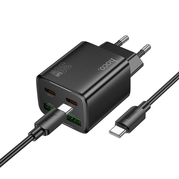 Multifunkcyjna ładowarka sieciowa Hoco N56 30W (2xUSB-C + 2xUSB-A) + kabel USB-C do USB-C 1m – czarna