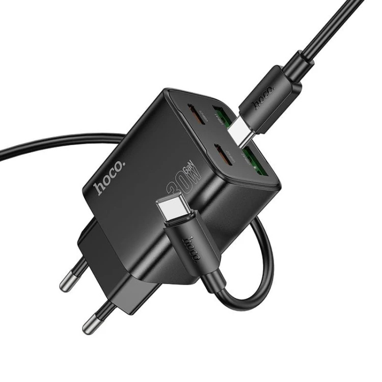 Multifunkcyjna ładowarka sieciowa Hoco N56 30W (2xUSB-C + 2xUSB-A) + kabel USB-C do USB-C 1m – czarna