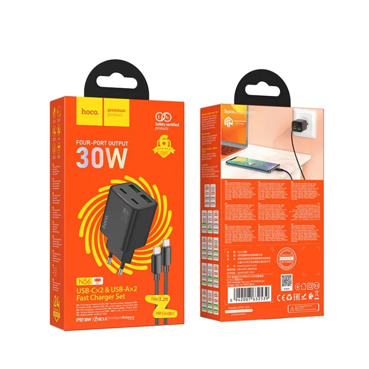 Multifunkcyjna ładowarka sieciowa Hoco N56 30W (2xUSB-C + 2xUSB-A) + kabel USB-C do USB-C 1m – czarna