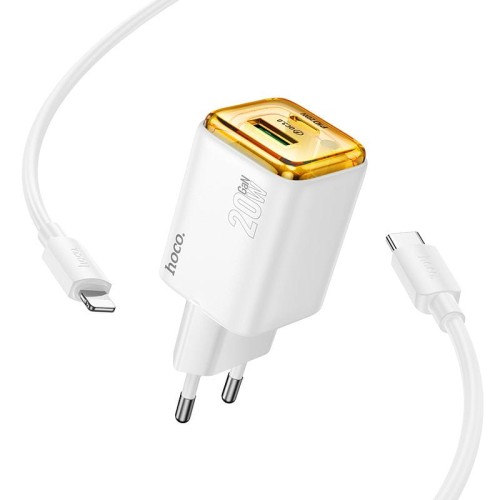 Szybka ładowarka sieciowa Hoco N52 20W (USB-C Power Delivery + USB-A Quick Charge) + kabel Lightning 1m – biała