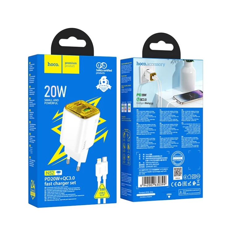 Szybka ładowarka sieciowa Hoco N52 20W (USB-C Power Delivery + USB-A Quick Charge) + kabel Lightning 1m – biała