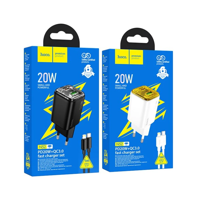 Szybka ładowarka sieciowa Hoco N52 20W (USB-C Power Delivery + USB-A Quick Charge) + kabel Lightning 1m – biała