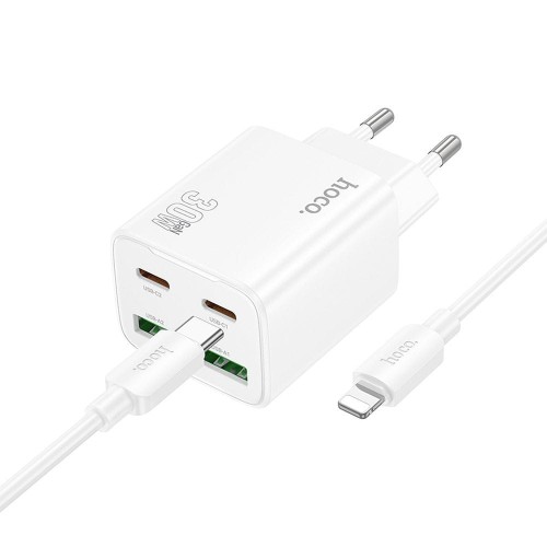 Multifunkcyjna ładowarka sieciowa Hoco N56 30W (2xUSB-C + 2xUSB-A) + kabel Lightning 1m – biała