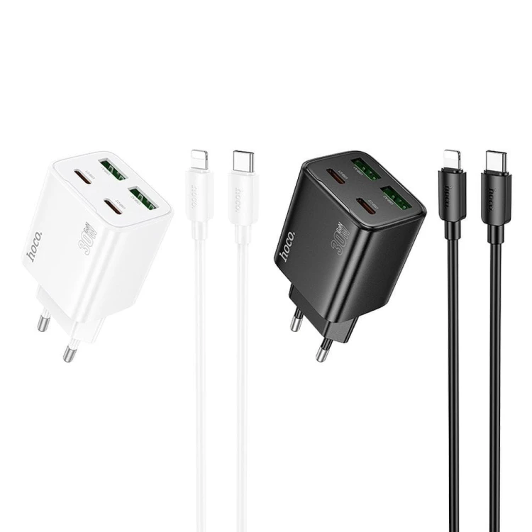 Multifunkcyjna ładowarka sieciowa Hoco N56 30W (2xUSB-C + 2xUSB-A) + kabel Lightning 1m – biała