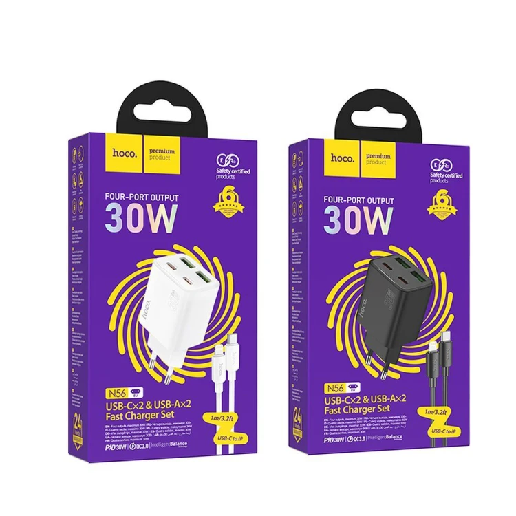 Multifunkcyjna ładowarka sieciowa Hoco N56 30W (2xUSB-C + 2xUSB-A) + kabel Lightning 1m – biała