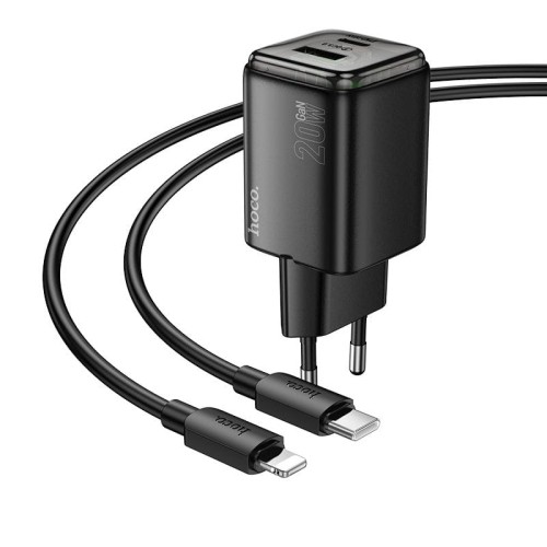 Szybka ładowarka sieciowa Hoco N52 20W (USB-C Power Delivery + USB-A Quick Charge) + kabel Lightning 1m – czarna