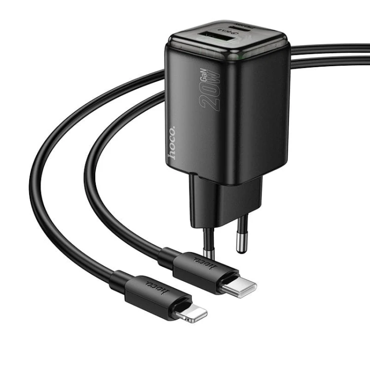 Szybka ładowarka sieciowa Hoco N52 20W (USB-C Power Delivery + USB-A Quick Charge) + kabel Lightning 1m – czarna