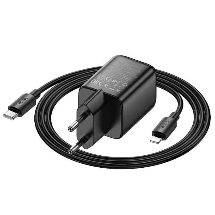 Szybka ładowarka sieciowa Hoco N52 20W (USB-C Power Delivery + USB-A Quick Charge) + kabel Lightning 1m – czarna