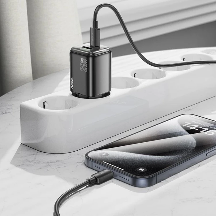 Szybka ładowarka sieciowa Hoco N52 20W (USB-C Power Delivery + USB-A Quick Charge) + kabel Lightning 1m – czarna