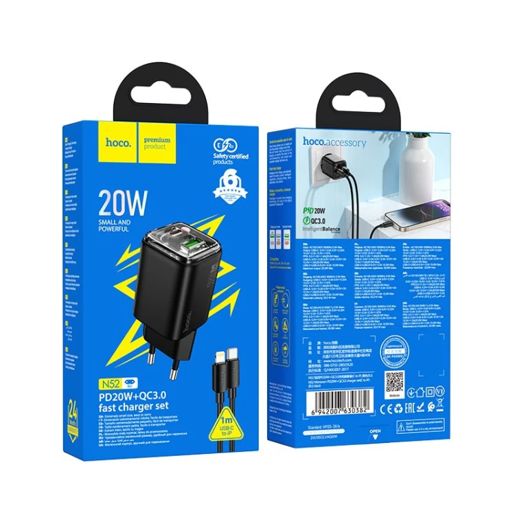 Szybka ładowarka sieciowa Hoco N52 20W (USB-C Power Delivery + USB-A Quick Charge) + kabel Lightning 1m – czarna