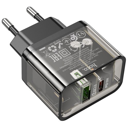 Szybka ładowarka sieciowa Hoco N34 20W (USB-C Power Delivery + USB-A Quick Charge) – transparentna
