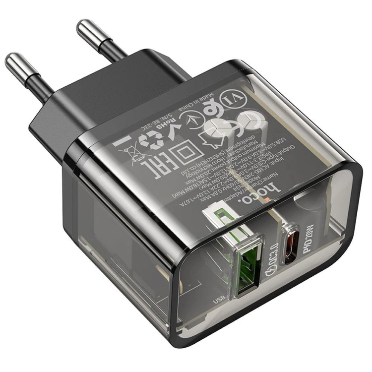 Szybka ładowarka sieciowa Hoco N34 20W (USB-C Power Delivery + USB-A Quick Charge) – transparentna