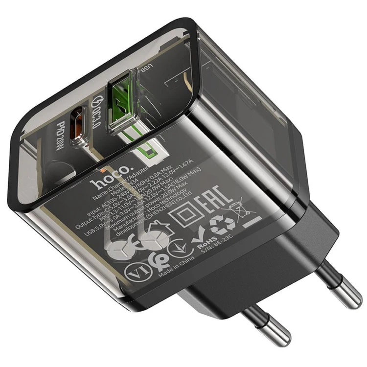 Szybka ładowarka sieciowa Hoco N34 20W (USB-C Power Delivery + USB-A Quick Charge) – transparentna