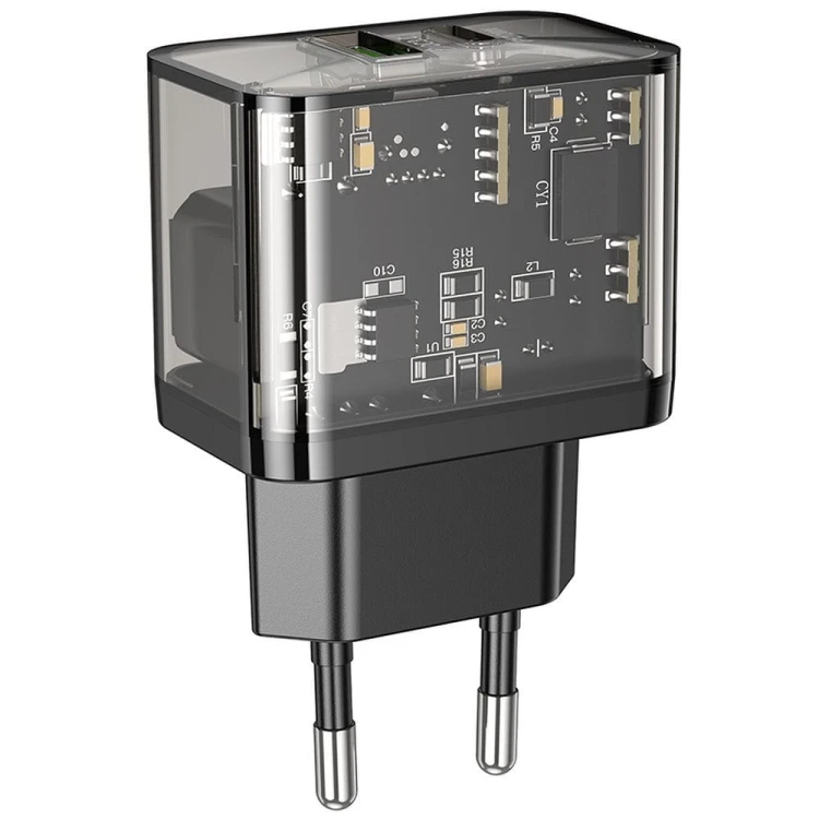 Szybka ładowarka sieciowa Hoco N34 20W (USB-C Power Delivery + USB-A Quick Charge) – transparentna