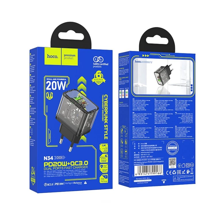Szybka ładowarka sieciowa Hoco N34 20W (USB-C Power Delivery + USB-A Quick Charge) – transparentna