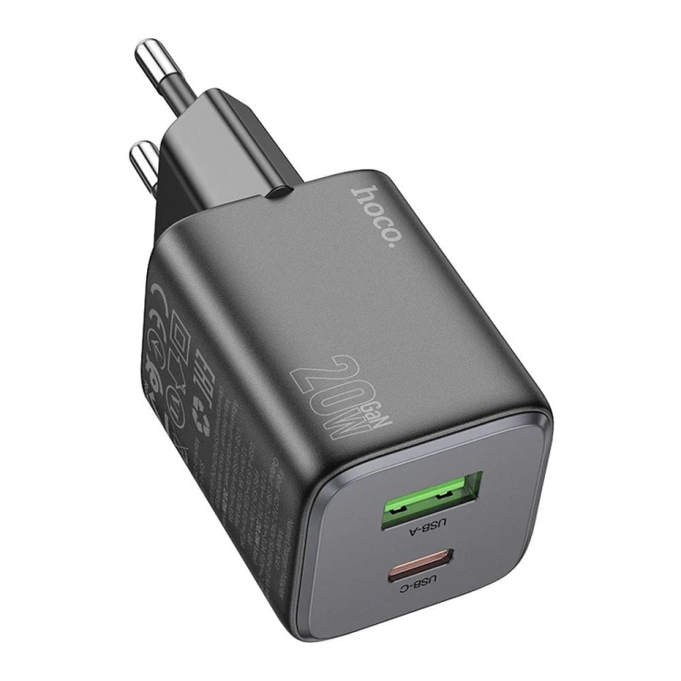 Miniaturowa ładowarka sieciowa GaN Hoco N41 20W (USB-C Power Delivery + USB-A Quick Charge) – czarna
