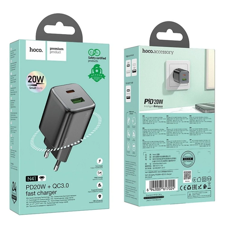 Miniaturowa ładowarka sieciowa GaN Hoco N41 20W (USB-C Power Delivery + USB-A Quick Charge) – czarna
