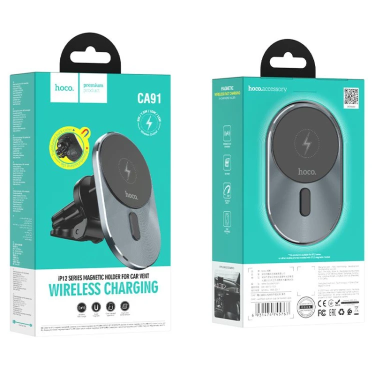 Magnetyczny uchwyt samochodowy z ładowaniem indukcyjnym 15W Hoco CA91 (MagSafe) – szary