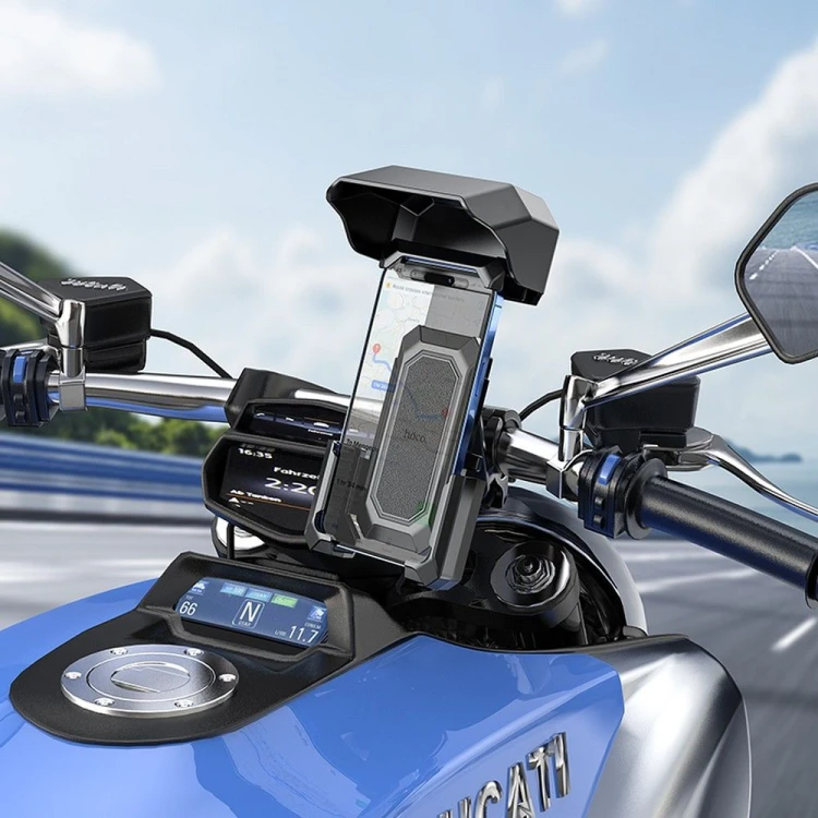 Pancerny uchwyt rowerowy i motocyklowy na telefon Hoco H31 z daszkiem ochronnym – czarny