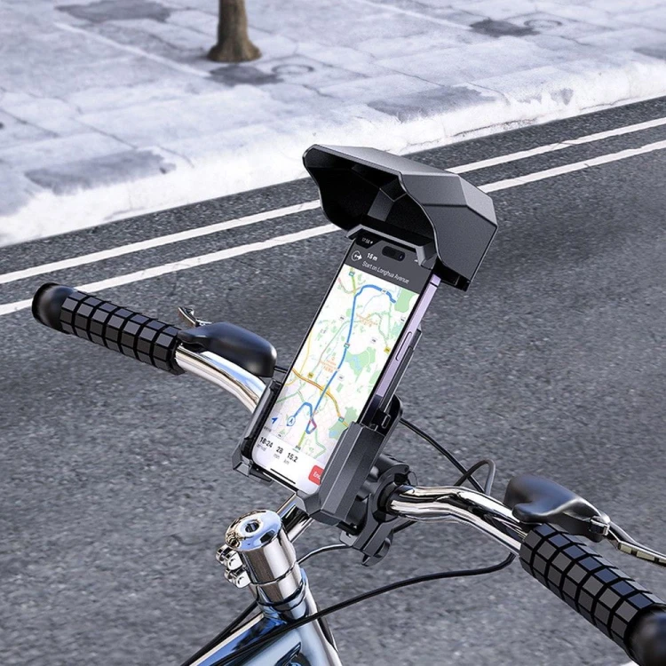 Pancerny uchwyt rowerowy i motocyklowy na telefon Hoco H31 z daszkiem ochronnym – czarny