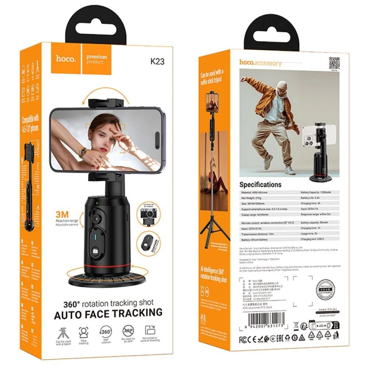 Inteligentny uchwyt Hoco K23 z automatycznym śledzeniem twarzy 360° i pilotem Bluetooth – czarny