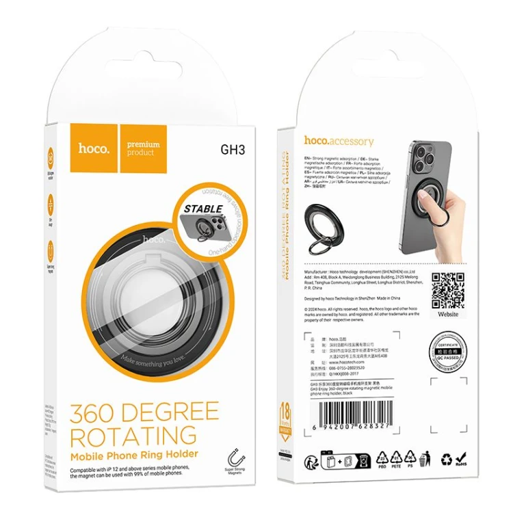 Magnetyczny uchwyt na palec Hoco GH3 Ring – pierścień z rotacją 360°, magnes N52 – czarny