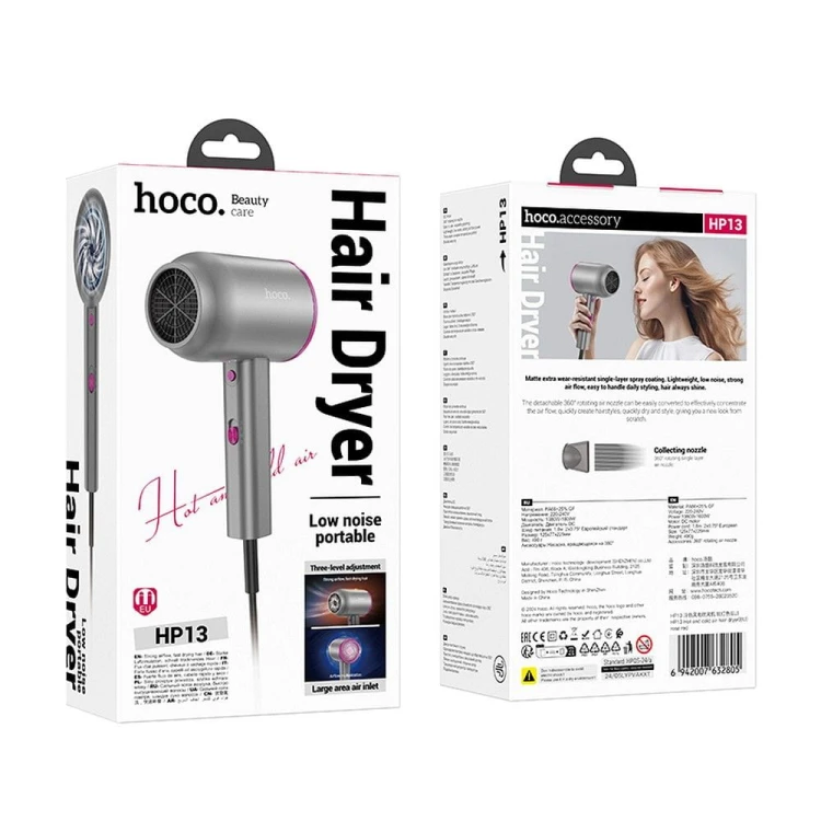 Wydajna suszarka do włosów Hoco HP13 – 1600W, dysza obrotowa 360°, silnik DC – czerwony róż