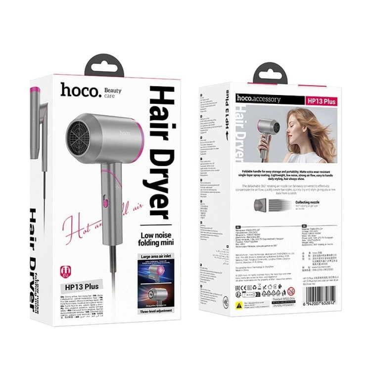 Składana suszarka do włosów Hoco HP13 Plus – 1600W, dysza 360°, kompaktowa – czerwony róż