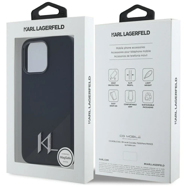 Ekskluzywne etui Karl Lagerfeld do iPhone 15 Pro MagSafe Silicone Shadow Metal Initial – czarne