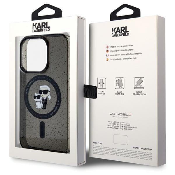 Luksusowe etui Karl Lagerfeld do iPhone 15 Pro Glitter MagSafe – czarne
