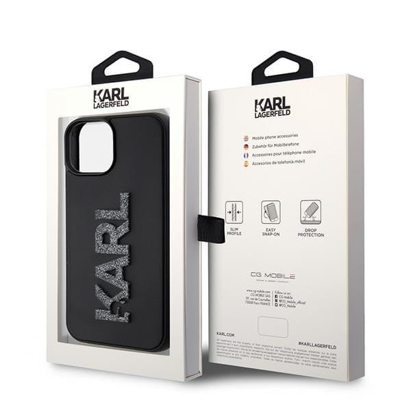 Luksusowe etui Karl Lagerfeld do iPhone 15 3D Logo Glitter – czarne