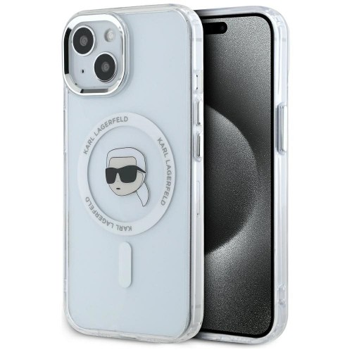 Ekskluzywne etui Karl Lagerfeld do iPhone 15 MagSafe IML Metal Karl Head – białe