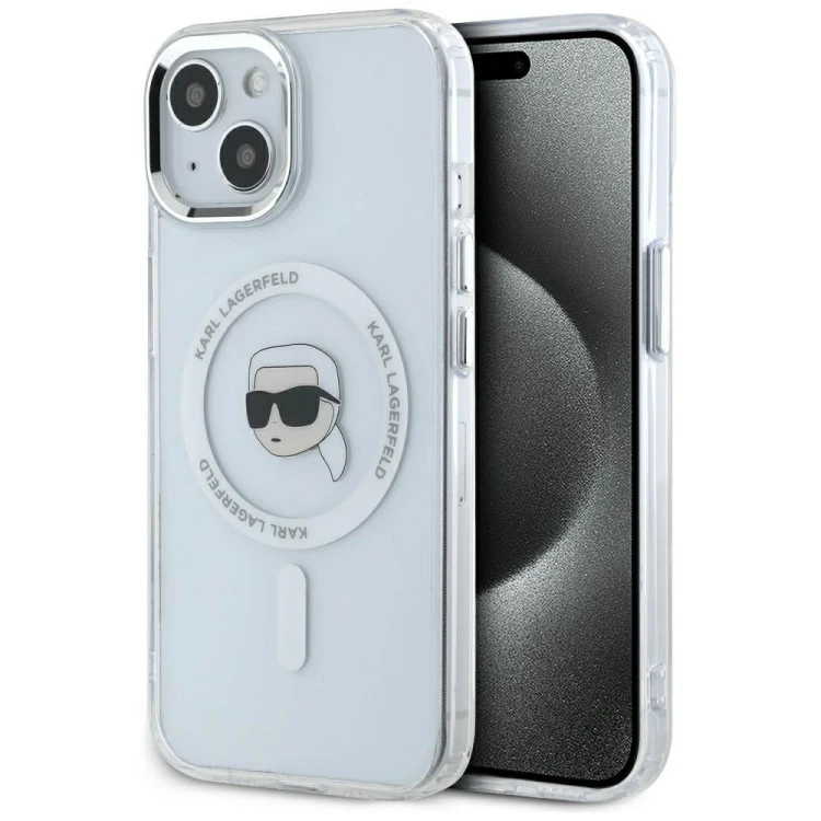 Ekskluzywne etui Karl Lagerfeld do iPhone 15 MagSafe IML Metal Karl Head – białe