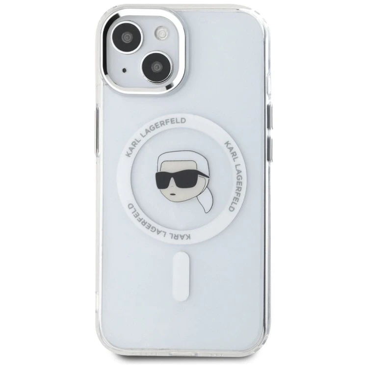 Ekskluzywne etui Karl Lagerfeld do iPhone 15 MagSafe IML Metal Karl Head – białe