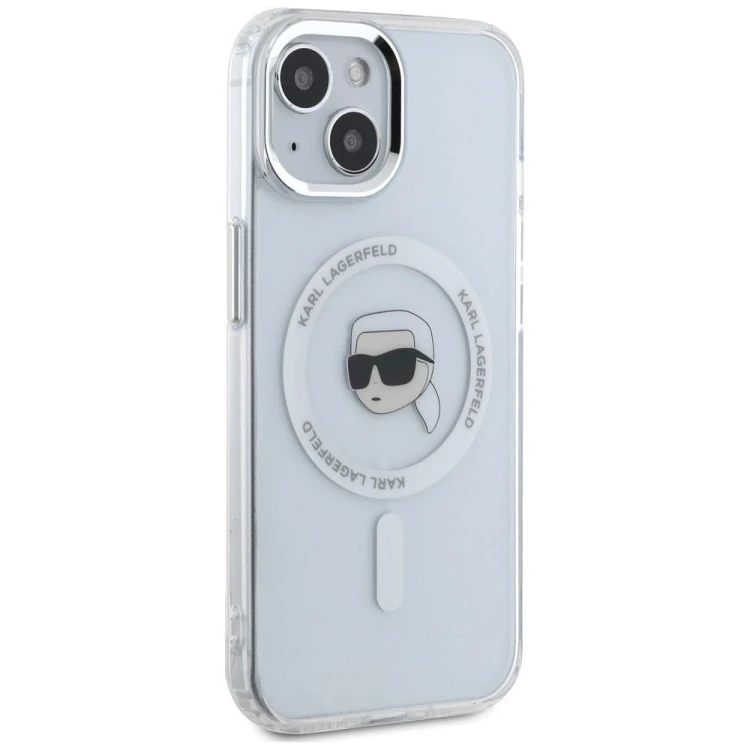Ekskluzywne etui Karl Lagerfeld do iPhone 15 MagSafe IML Metal Karl Head – białe
