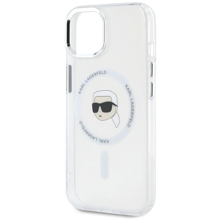 Ekskluzywne etui Karl Lagerfeld do iPhone 15 MagSafe IML Metal Karl Head – białe
