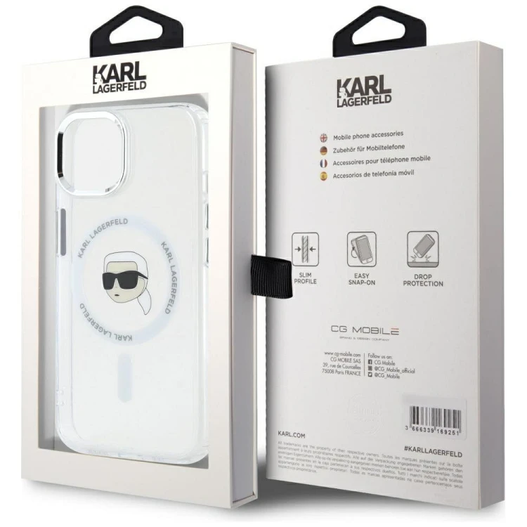 Ekskluzywne etui Karl Lagerfeld do iPhone 15 MagSafe IML Metal Karl Head – białe