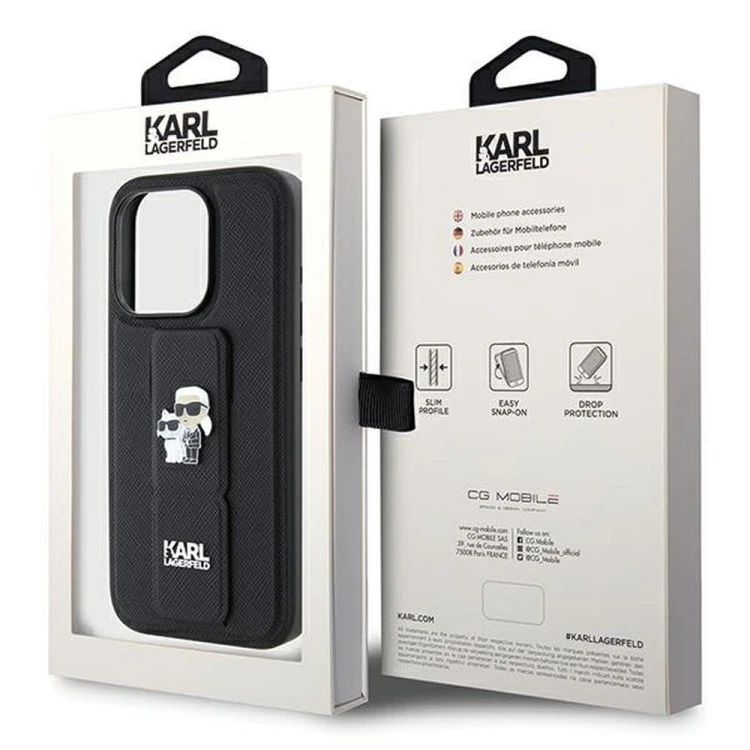 Ekskluzywne etui Karl Lagerfeld do iPhone 14 Pro Gripstand Saffiano KC PIN – czarne