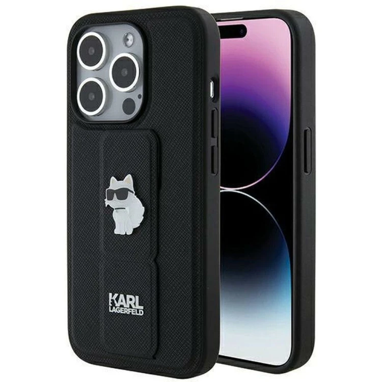 Ekskluzywne etui Karl Lagerfeld do iPhone 14 Pro Max Gripstand Saffiano Choupette PIN – czarne